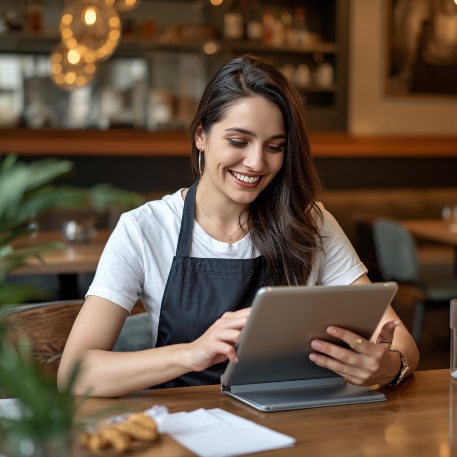 Business owner managing orders with a tablet
